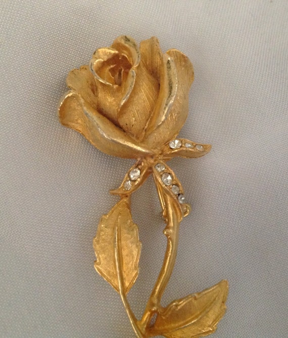 Vintage Rhinestone Long Stem Rose Brooch - image 2