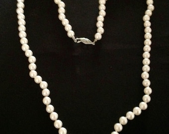 Vintage Long White Pearl Necklace. ( Knotted)