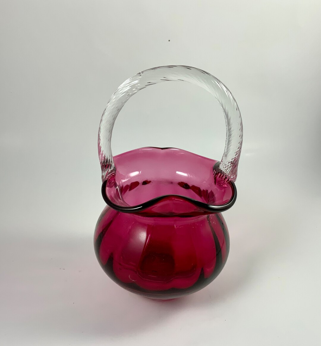 Vintage CRANBERRY GLASS BASKET W/ Clear Handle, Art Glass, Blown Glass