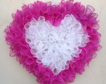 Hot Pink & White Metallic Mesh Heart Wreath