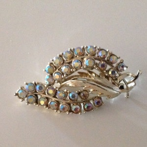 Vintage AB Rhinestone Leaf Brooch. V clasp image 1