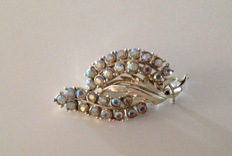 Vintage AB Rhinestone Leaf Brooch. V clasp image 1