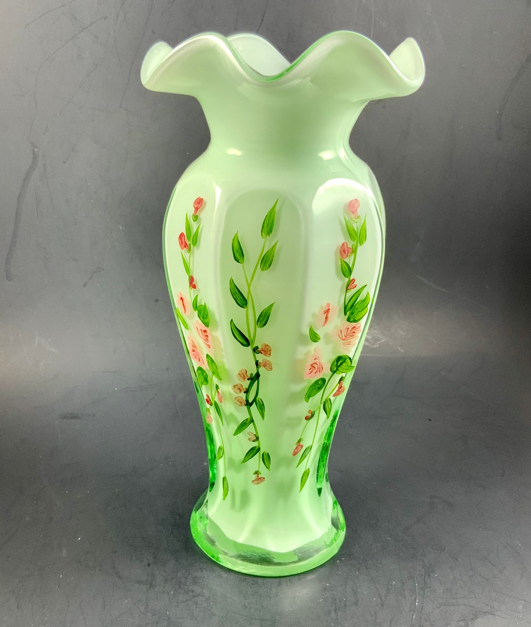 Vintage FENTON GLASS VASE, Green Floral Vase, Encased in White, Ruffled