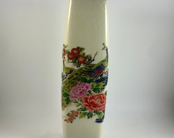 Vintage PEACOCK FLORAL VASE,  Made in Japan, Crackle Glaze
