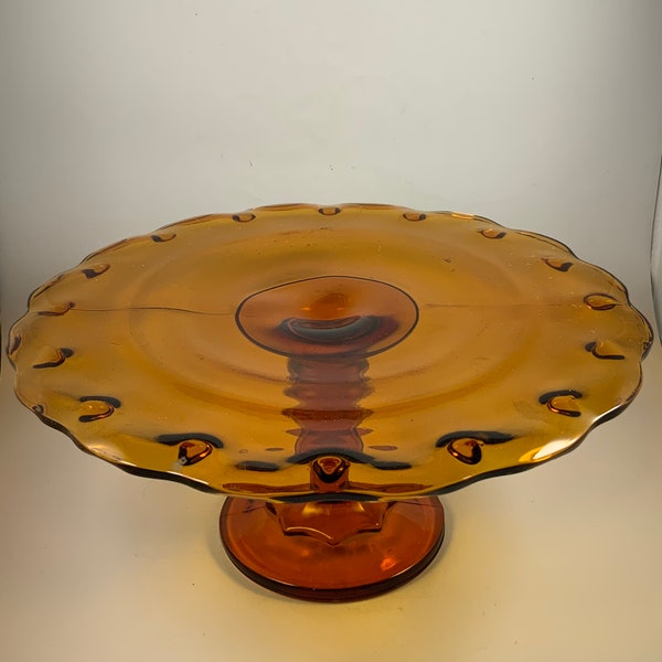 Vintage AMBER CAKE PLATE, Indiana Glass, Pedestal, Scalloped, Teardrop Pattern