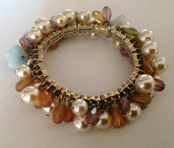 Vintage Liz Claiborne Pearl, Bead & Charm Stretch… - image 1