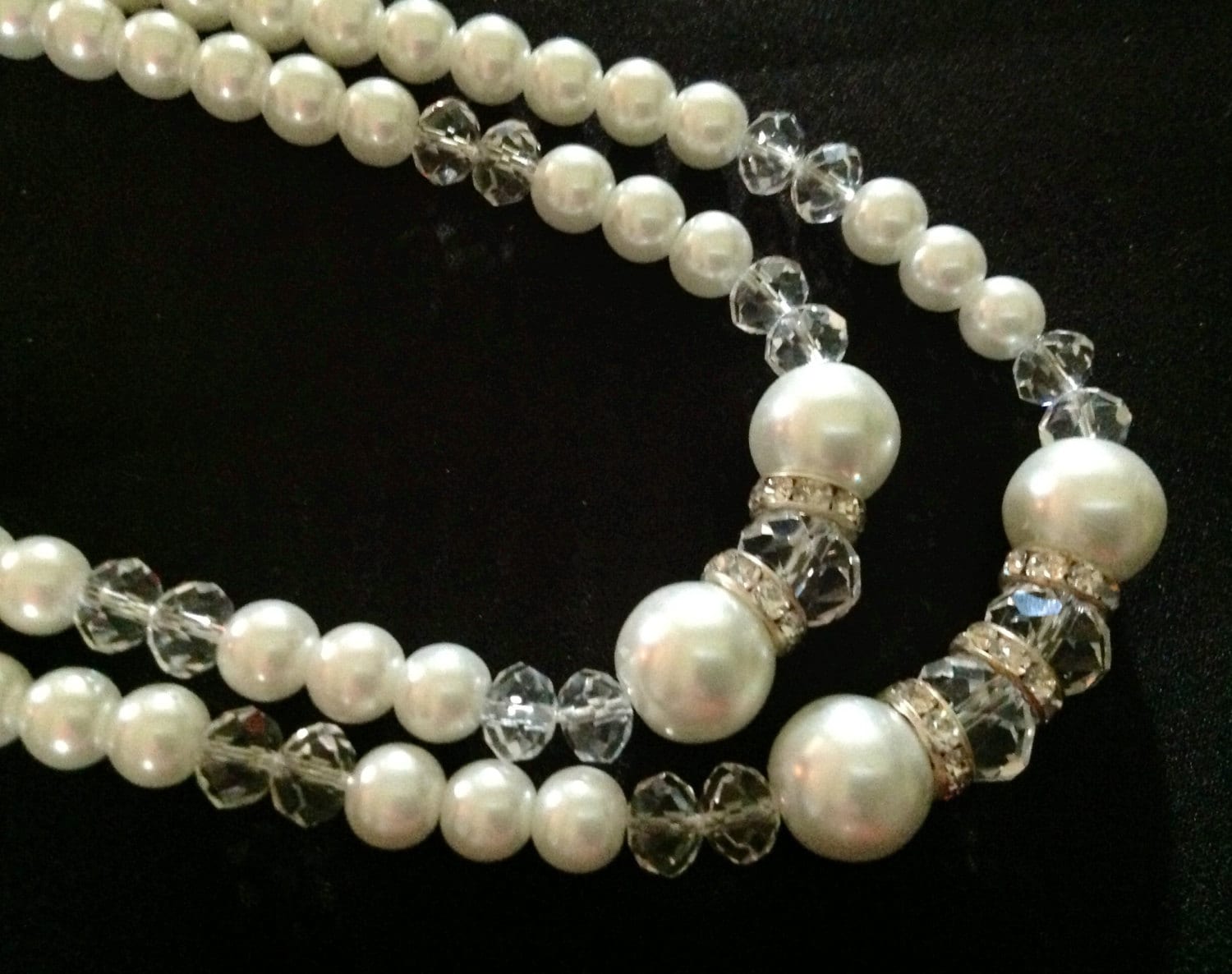 Vintage Double Strand Glass Pearl & Crystal Necklace With Rhinestones ...