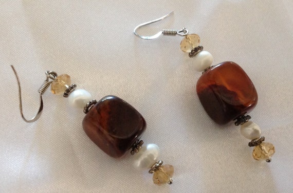 Vintage Amber Colored Lucite / Genuine Pearl Earr… - image 2