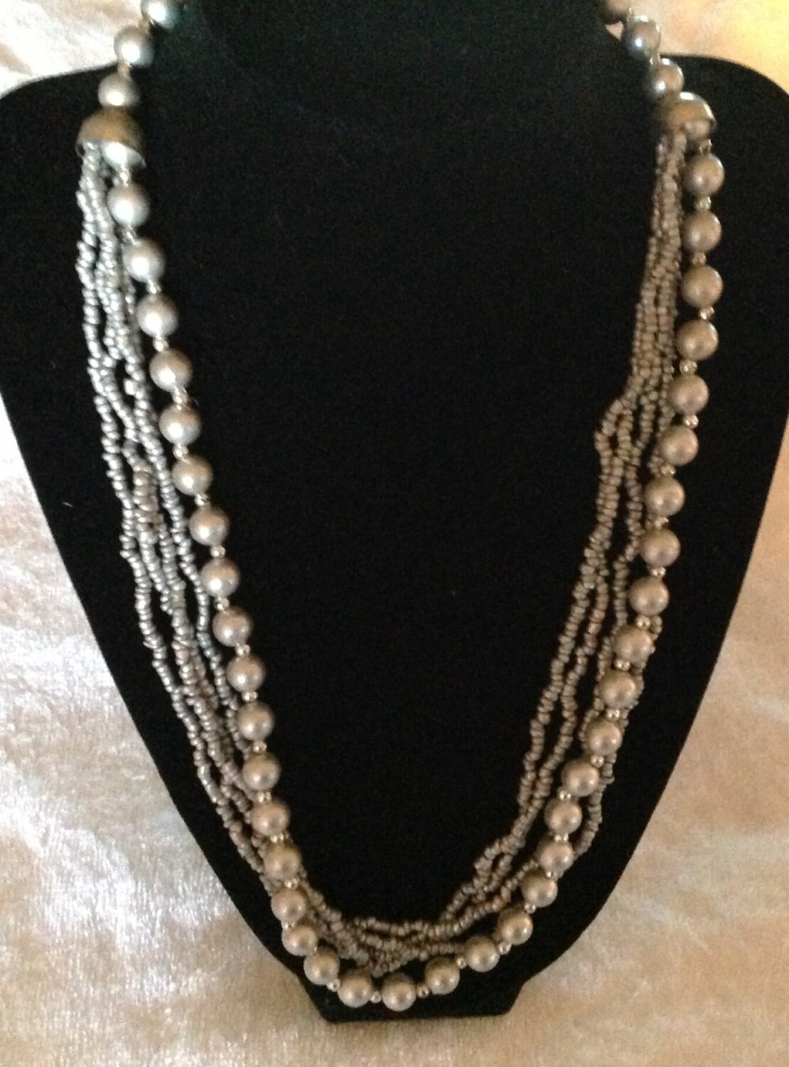 Vintage Multi Strand Silver Gray Pearl & Seed Bead Necklace