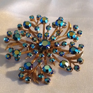 Vintage Flower/Star AB Rhinestone Brooch w/ Riveted Back