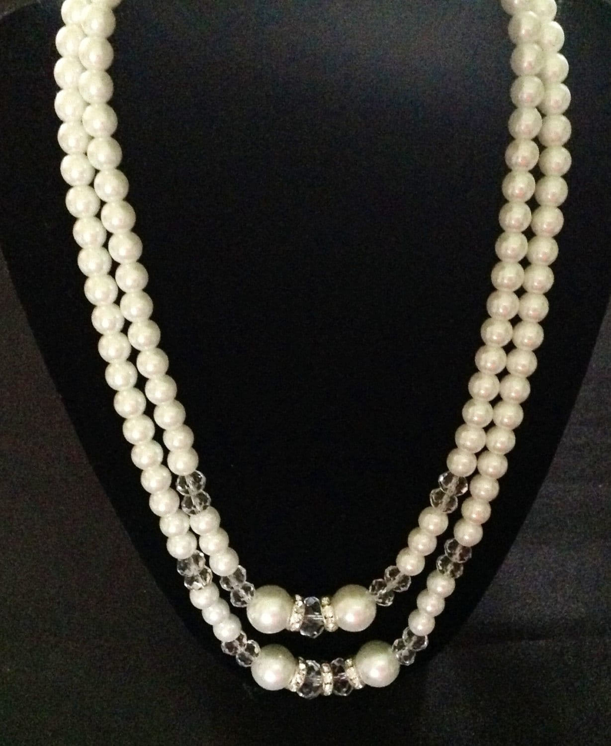 Vintage Double Strand Glass Pearl & Crystal Necklace With Rhinestones ...