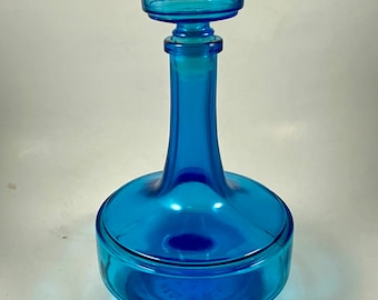 Vintage BLUE DECANTER W/STOPPER, Made in Belgium, Genie Bottle, Barware, Collectables, Decor