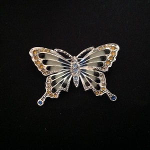 Vintage MONET BUTTERFLY BROOCH With Blue & Amber Stones, Plique A Jour Enamel