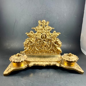 Antique/Vintage BRASS DESK SET, Double Ink Well, Letter /Pen Holder,