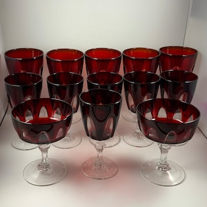 Vintage CRYSTAL CRANBERRY GLASSES, Cut To Clear Arch, (Set of Glasses, 13Pcs)