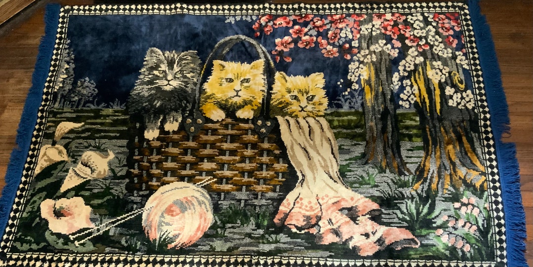 ヨーロッパ式刺繍絵タペストリー: Three Kittens Vintage THREE KITTENS in BASKET, Tapestry/wall Hanging, Rug
