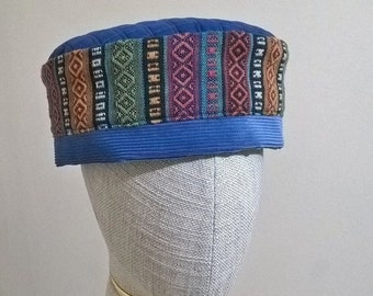 Blue Skull Cap with Ethnic stripes, Brimless cotton and corduroy Pillbox Hat