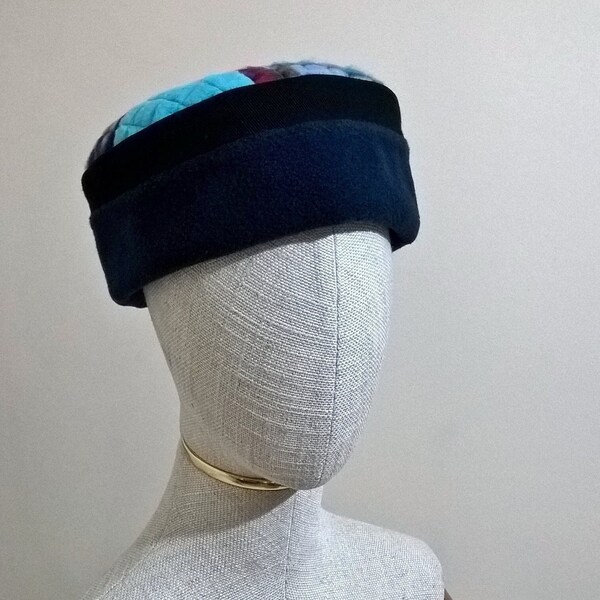 Boho Fleece Hat, Winter Hippie Cap, Blue Fez Tribal Pillbox Kufi - size large 24" / 61cm