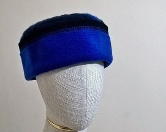 Cobalt Blue Fleece Brimless Hat, Winter Pillbox Kufi - size large 24" / 61cm