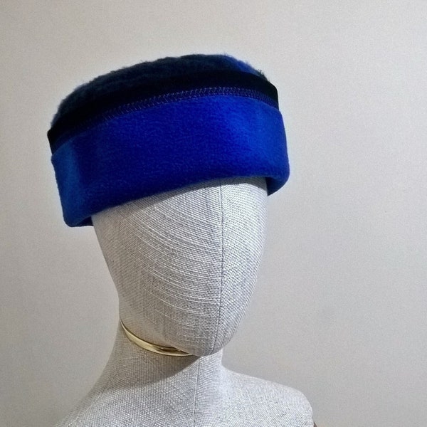 Cobalt Blue Fleece Brimless Hat, Winter Pillbox Kufi - size large 24" / 61cm