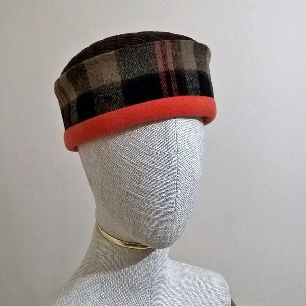 Corduroy and Fleece Hat, Winter Cap For Men, Checked Fez Casual Pillbox