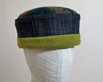 Aztec Brimless Pillbox Cap in grey with chartreuse green fleece lining