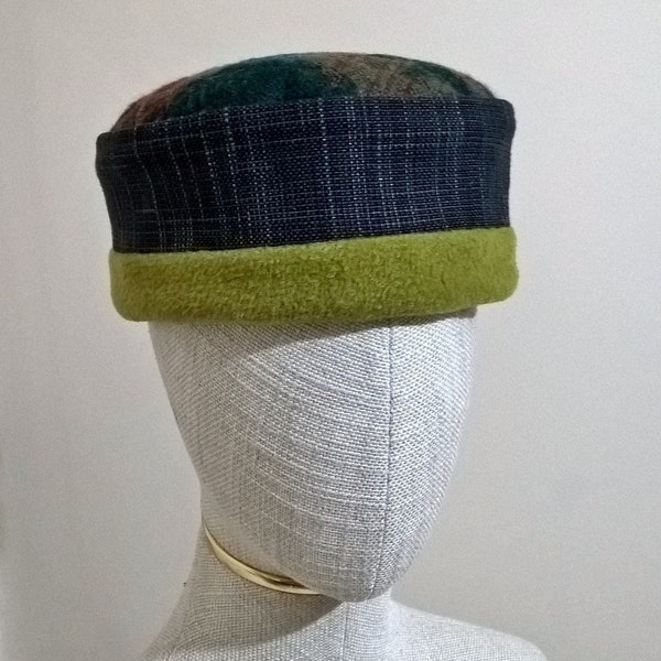 Aztec Brimless Pillbox Cap in grey with chartreuse green fleece lining