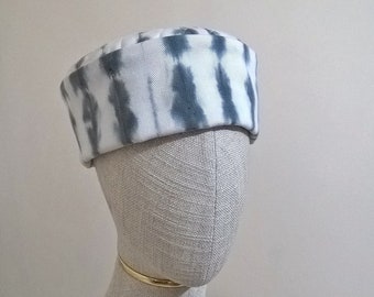 White Pillbox Smoking Cap with black Shibori Tie Dye, Mens Bohemian brimless hat - size large 24" / 61cm