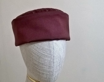 Maroon Smoking Cap, quilted and beaded brimless pillbox hat - size large 24" / 61cm