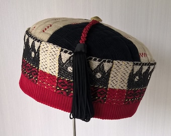 Smoking cap with macrame tassel, men’s ethnic pillbox hat