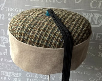 Smoking / Thinking Cap in Brown Tweed with Tassel, Victorian Style Mans Pillbox Hat, Wizards Kufi Fez