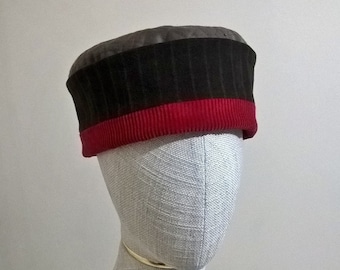 Embroidered Smoking / Thinking Cap, Mens Ethnic Pillbox brown and red  Brimless Hat - Large 24" / 61cm