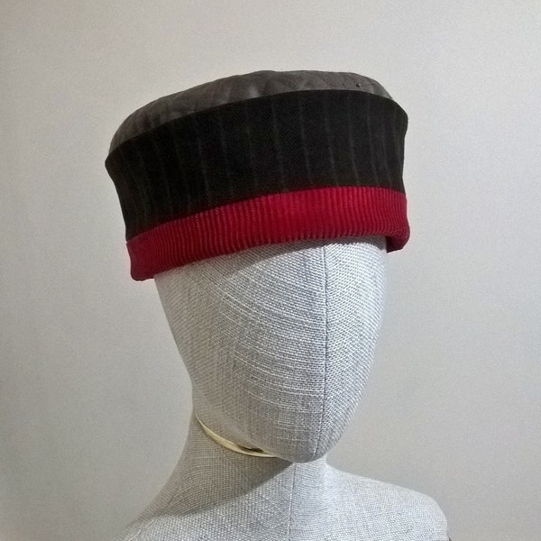 Embroidered Smoking / Thinking Cap, Mens Ethnic Pillbox brown and red  Brimless Hat - Large 24" / 61cm