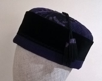 Velvet Smoking Cap, Gothic purple with macrame tassel, nuno felting and beading - size Medium 23" / 58.5cm