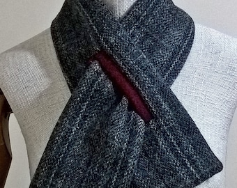 Harris Tweed Keyhole Scarf in grey red check wool with cashmere, Pull Through Cravat Neck Warmer