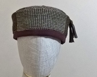 Smoking/ Thinking Cap patchwork Harris Tweed wool with leather tassel size medium 23 inch/ 58.5 cm