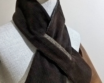 Corduroy Scarf Cravat, Mens Fleece Keyhole Pull Through Neck Warmer in brown