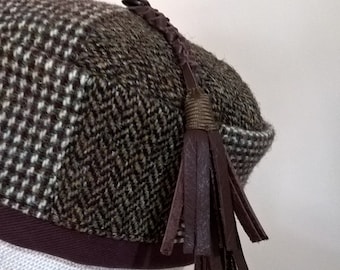 Smoking/ Thinking Cap in Harris Tweed with leather tassel, wool pillbox hat size 22 inch/ 56cm