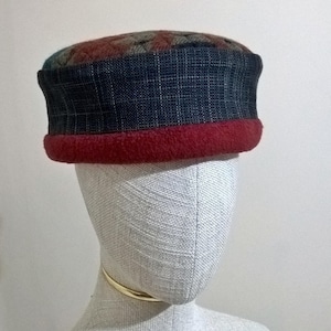 Aztec Fleece Pillbox Hat with quilted patterned tip, grey crown and red trim - extra large 25 inch / 63.5cm