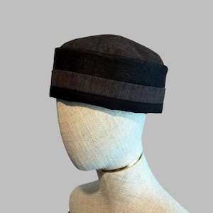 Black Brimless cap lightweight wool and cashmere pinstripe, all natural pillbox hat
