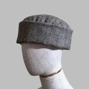 Harris Tweed brimless Pillbox Cap, brown herringbone wool cotton lined size extra large approx. 25 inch/ 63.5 cm