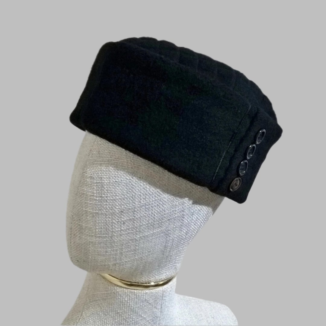 Cashmere Brimless Pillbox Hat, Mens Black Wool Gothic Smoking