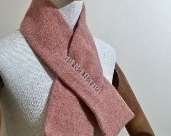 Harris Tweed Scarf Cravat in pink wool and denim, Pull Through Keyhole Neck Warmer