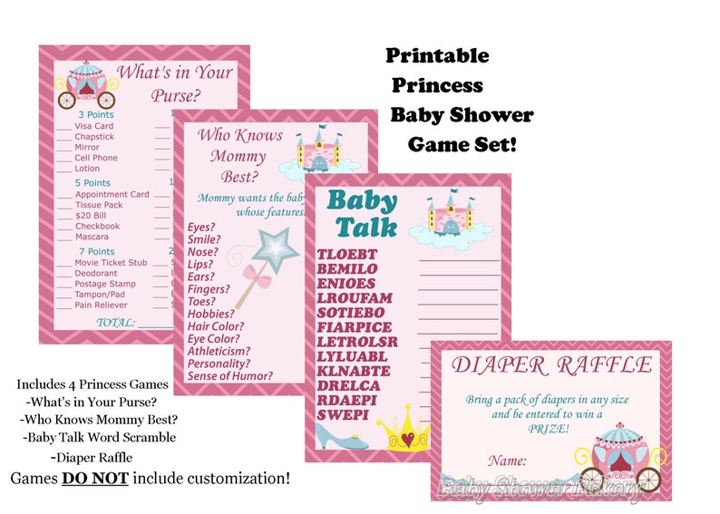 Princess Baby Shower Game Set Princess Theme Baby Shower Game Etsy