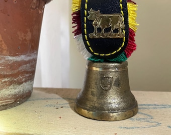 Vintage, Brass Glocken Cow Bell with Switzerland Cross Shield Symbol- Leather Strap, Colorful Wool Fringe, Cow Emblem- Souvenir