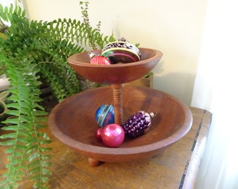 Beautiful, Vintage, Carved Wood Bowl- Two Tiered, Natural Finish- Woodgrain- 3 Feet- Screw Shaped Center