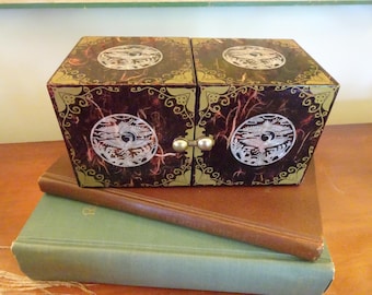 Vintage, Korean Folding Twin Jewelry Box with Mother of Pearl Inlay- Two Cranes- Lacquer