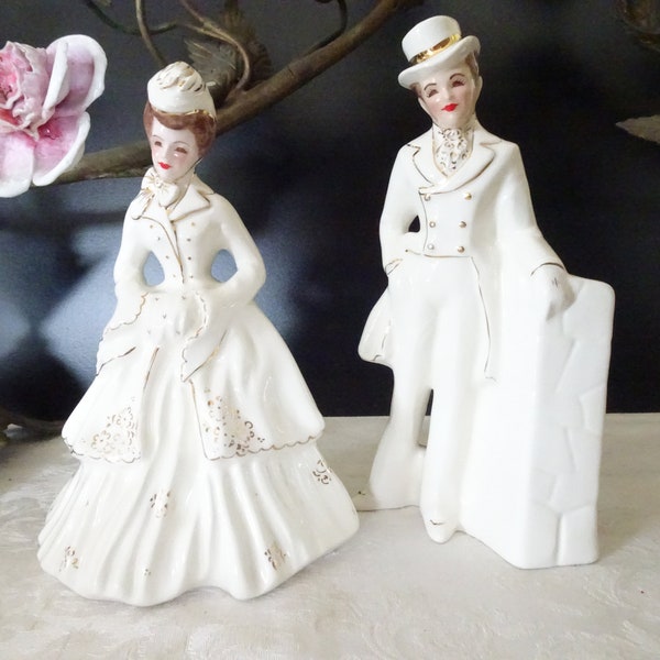 Vintage, Florence Ceramic Man and Woman-Ellen-White Ceramic, Gold Details-Pasadena, California-Victorian Outfits-Kitsch, Midcentury- Wedding