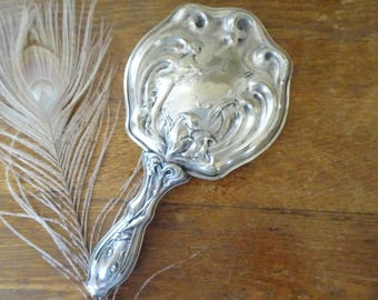 Vintage, Art Nouveau Hand Mirror- Silver Toned/Plate- Woman with Butterflies- Repousse- Vanity