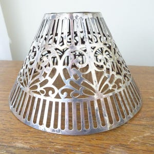 Vintage, Pierced Metal Lamp Shade- Silver Toned Metal, Silver Plate - Art Deco- Candle/Oil Lamp- Cone Shaped image 3